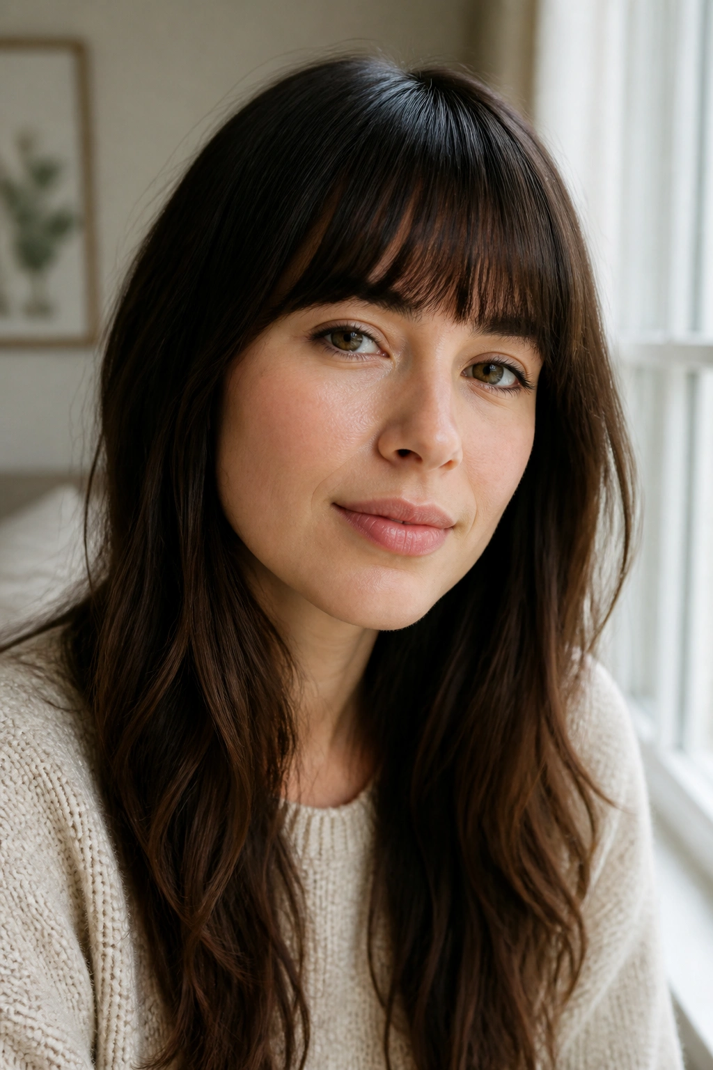 Close-up of a real woman with slightly arched straight bangs