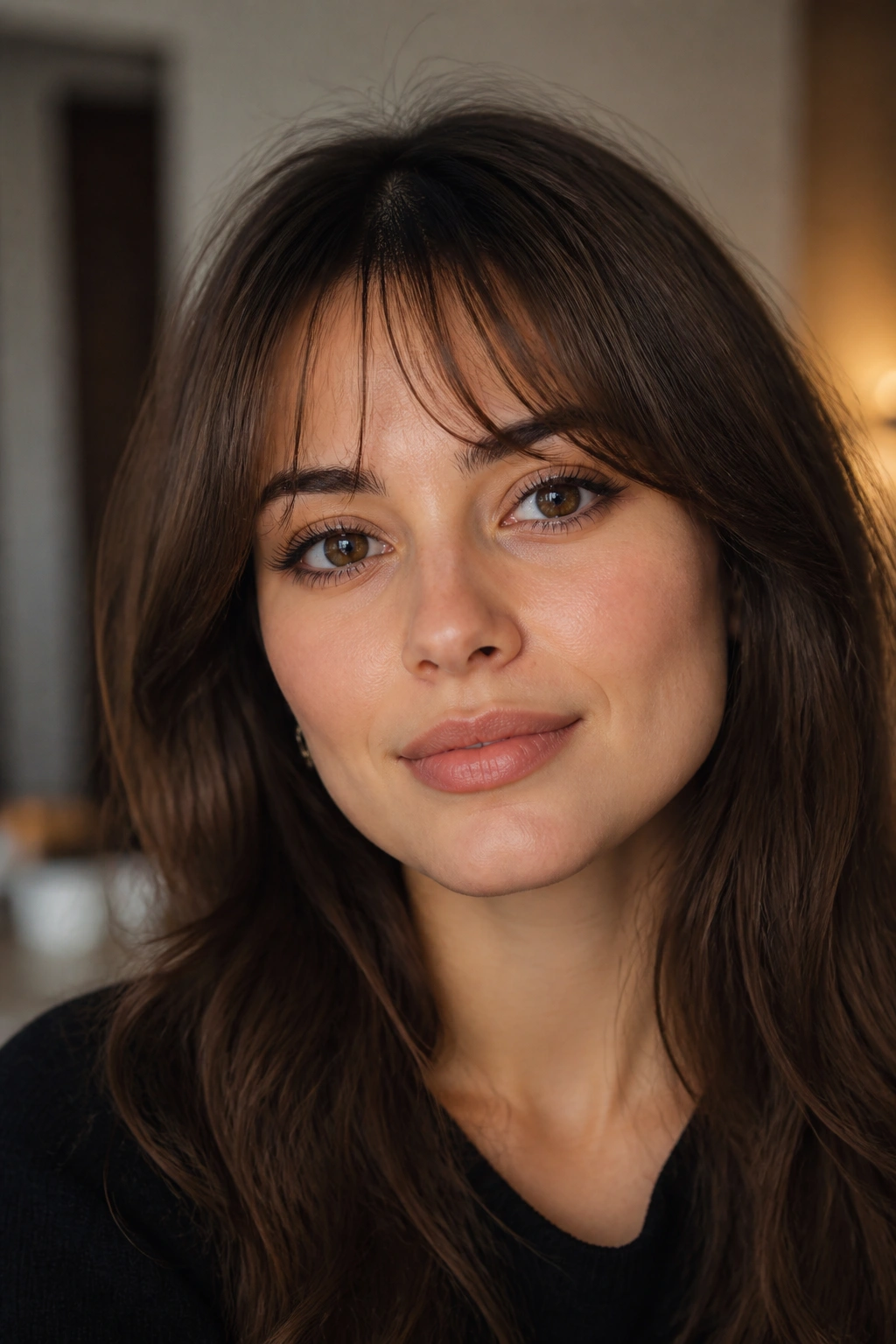 Close-up portrait of a woman with arched wispy bangs following the brows
