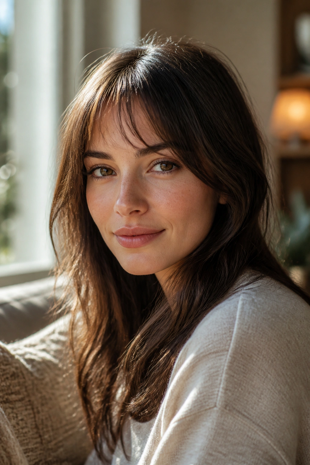 Close-up of a real woman with arched wispy bangs and lifted center.
