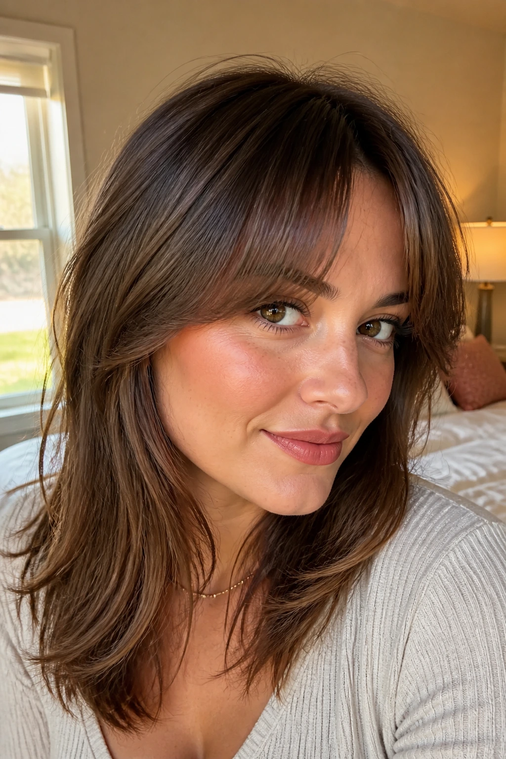 Close-up of a real woman with arching soft fringe, shorter center, longer toward temples, in warm bedroom light