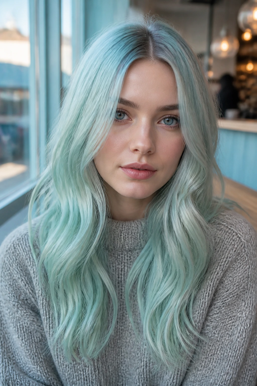 Close-up portrait of a real person with arctic aqua hair in pale blue-green tones