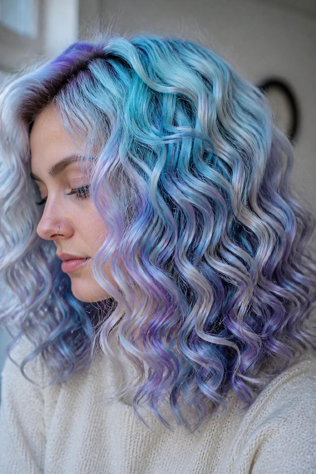 Close-up portrait of icy blue violet aqua silver curls for Arctic Aurora Curls