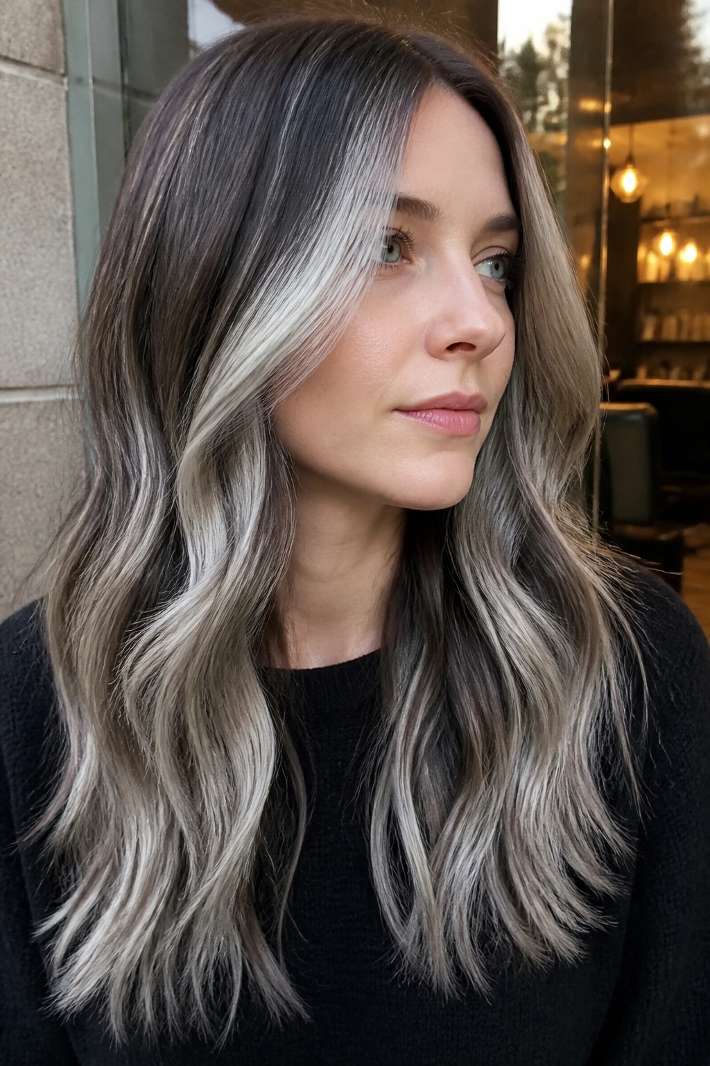 Real woman with Arctic balayage on brunette base and icy front pieces