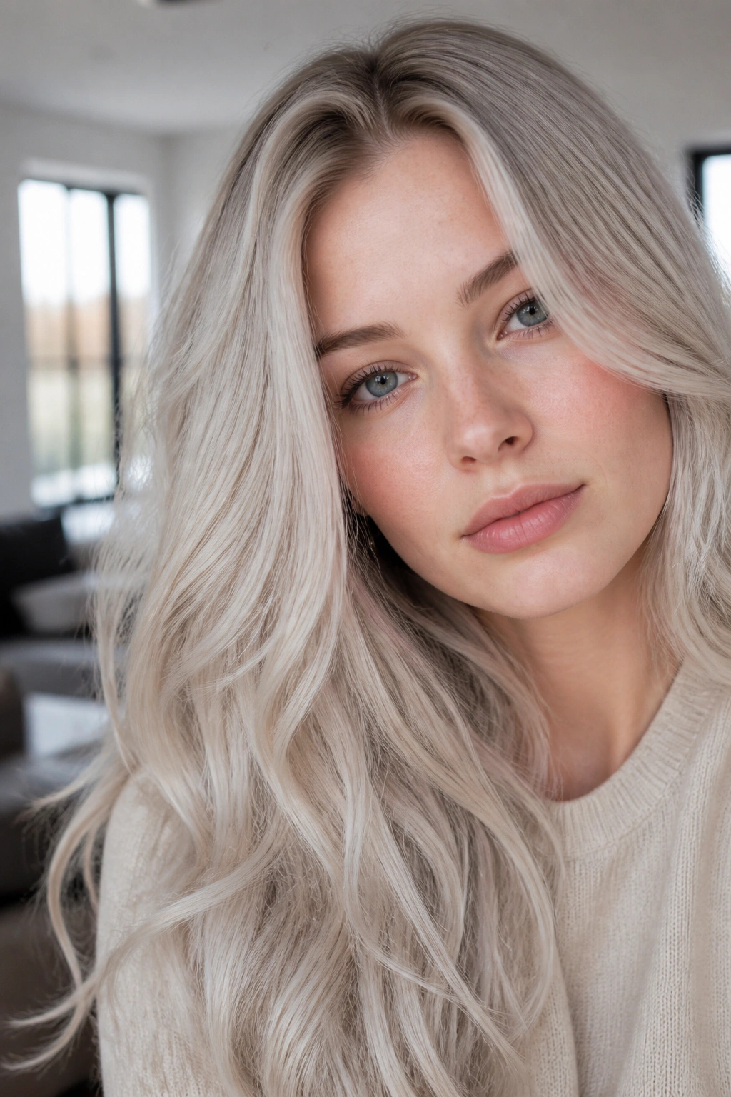 Close-up portrait of a real woman with arctic beige blonde hair and icy ash undertones