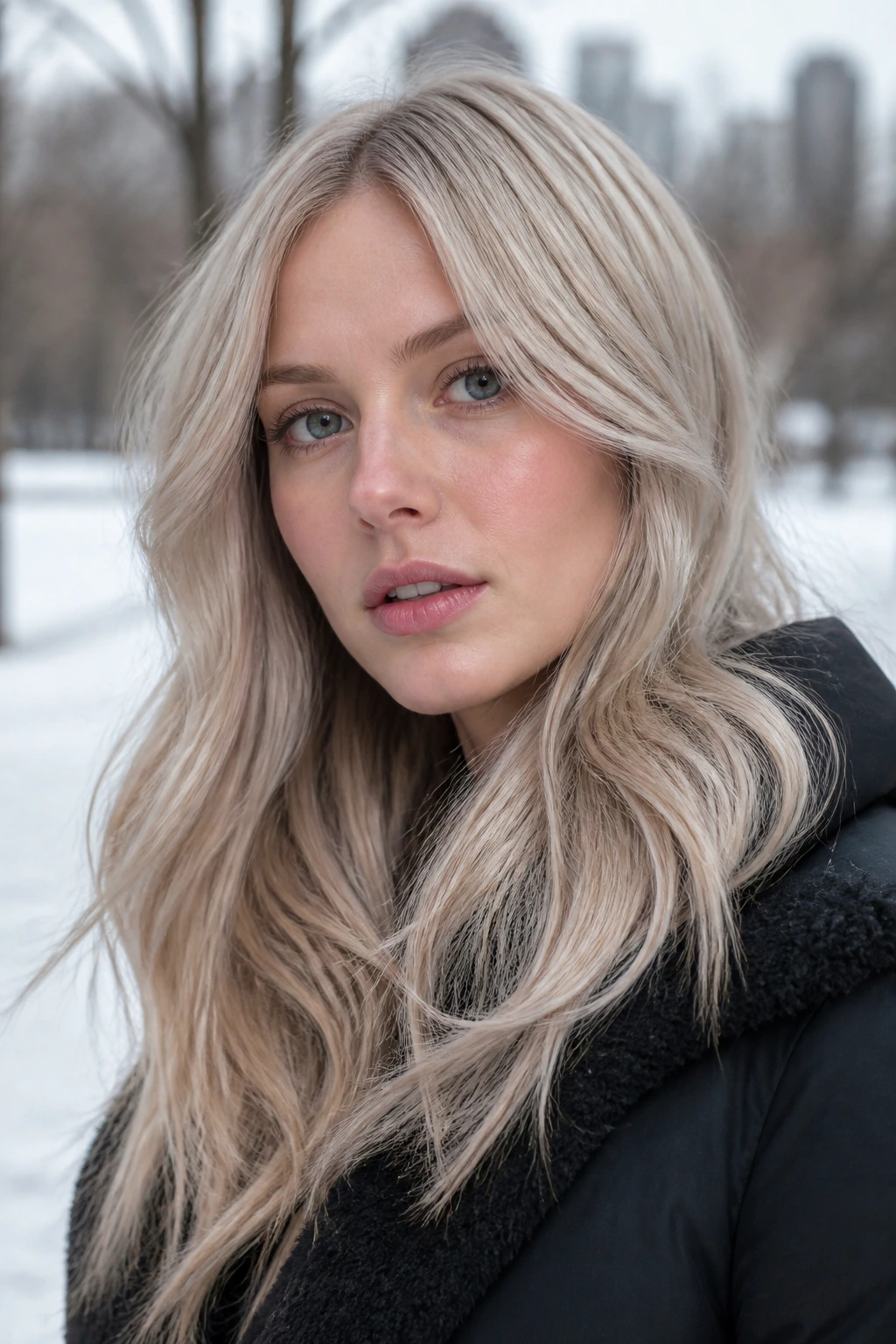 Portrait of a real person with arctic beige blonde hair and cool frosty tones