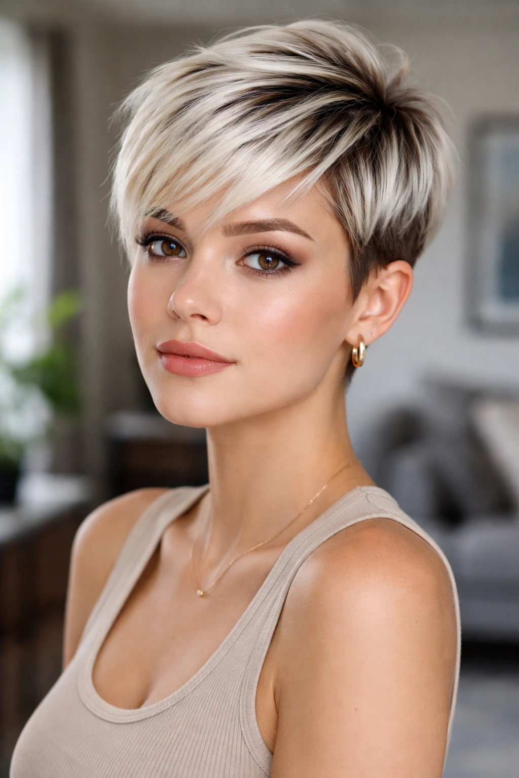 Close-up portrait of a real woman with an Arctic blonde pixie and dark root contrast in natural daylight