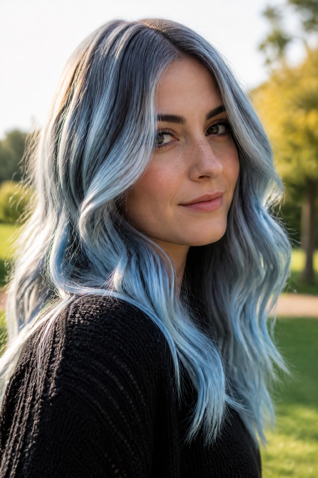 Close-up of a real person with arctic blue balayage in an outdoor setting.