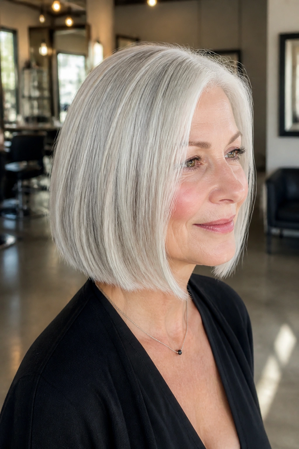 Medium close-up of a real woman with an Arctic bob and micro-lights