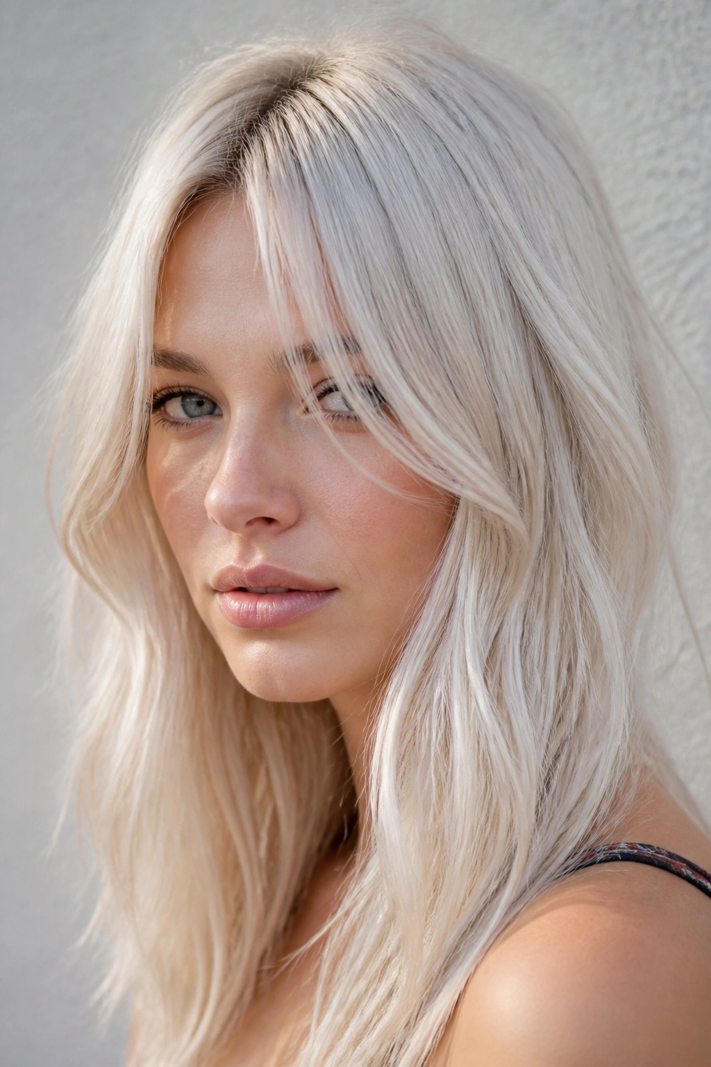 Close-up portrait of a woman with Arctic Cream Blonde hair in soft light