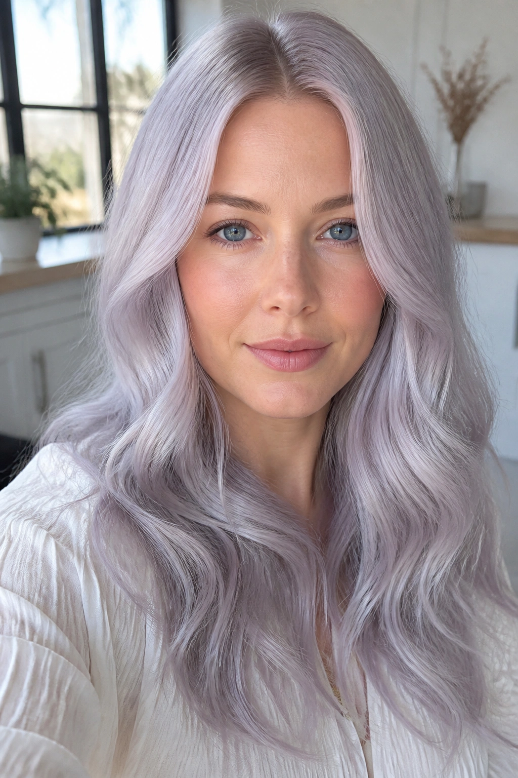 Real person with pale lilac waves in soft, airy setting