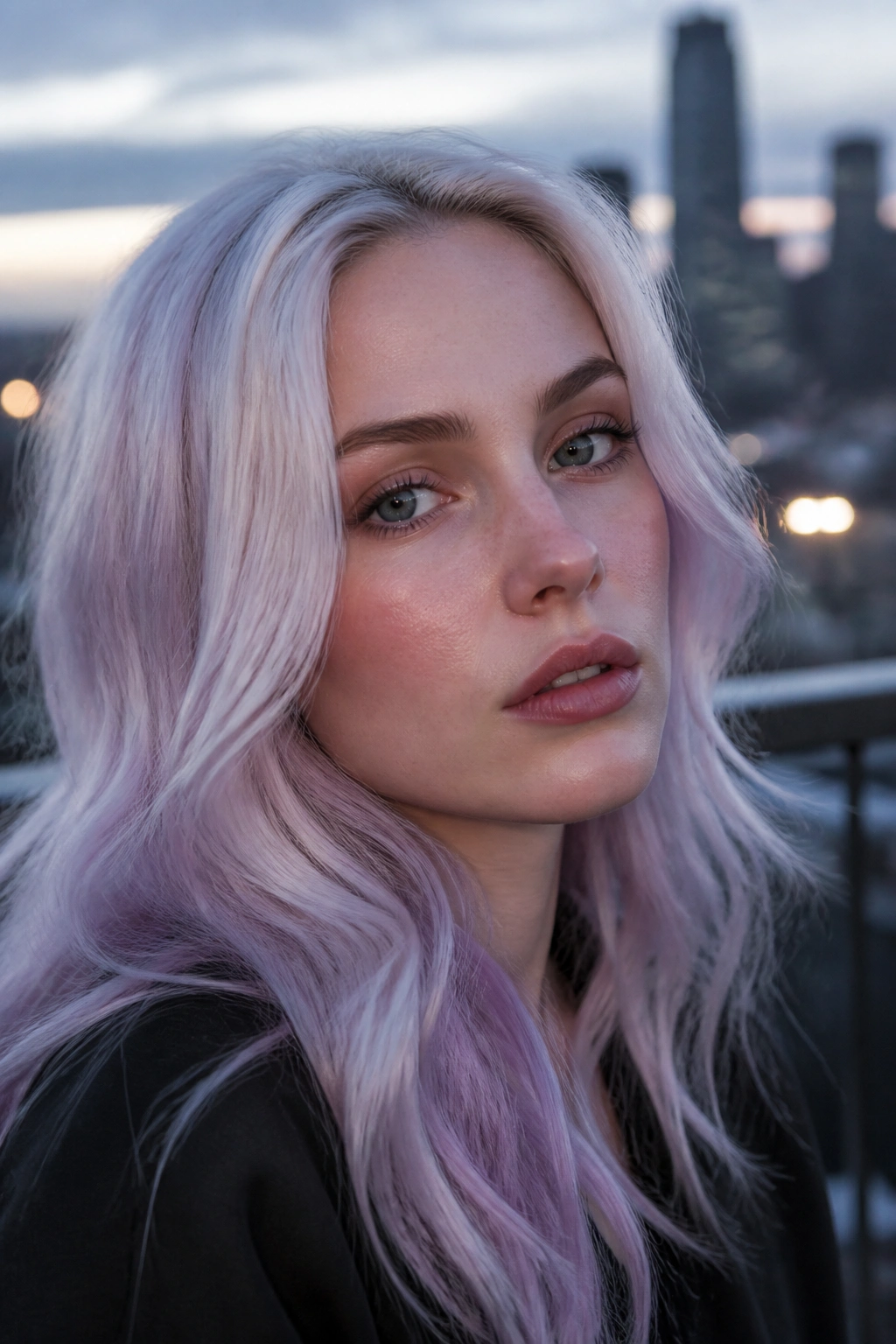 Portrait of a woman with Arctic Orchid Blonde hair on a blue-hour rooftop.