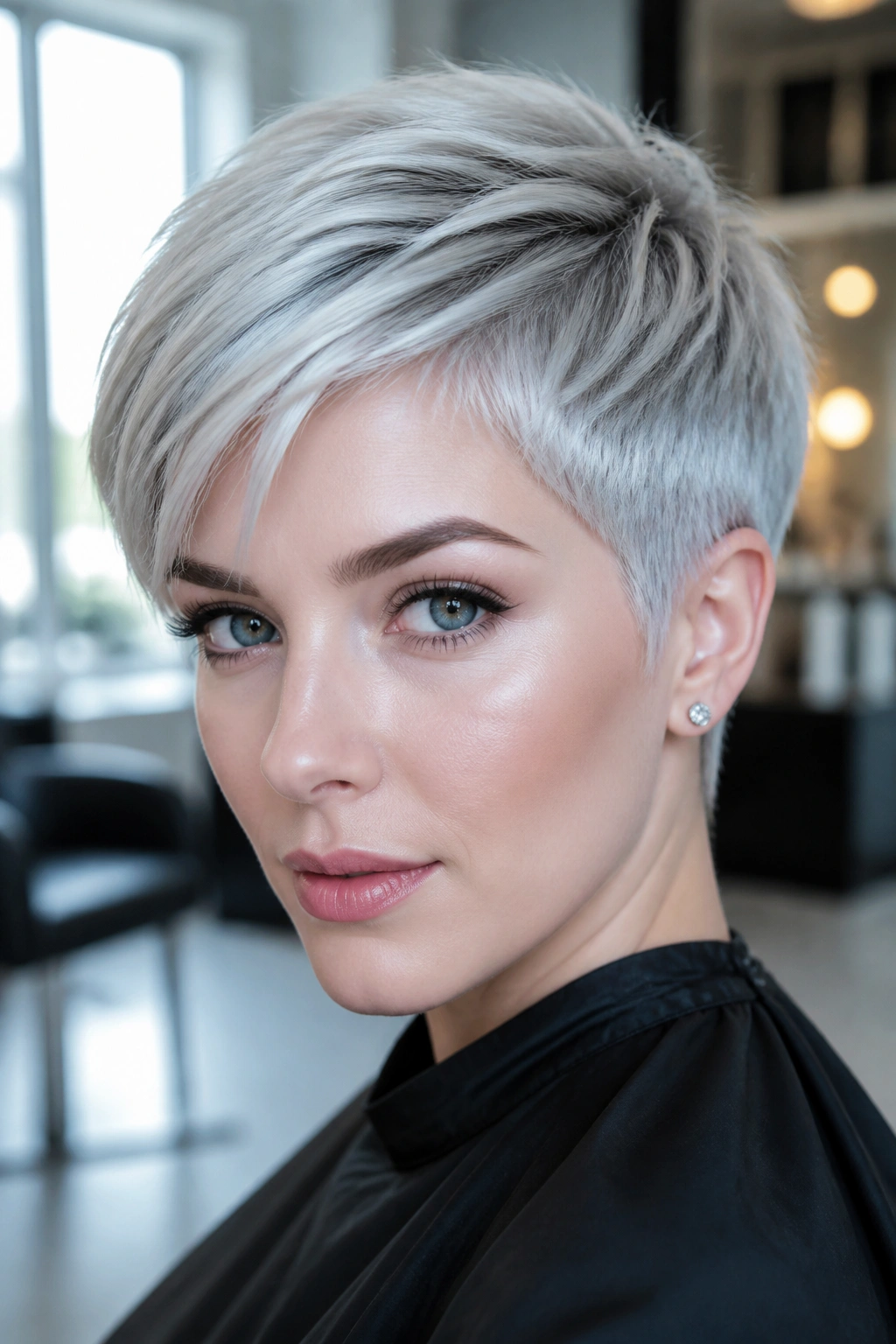 Portrait of a real woman with a matte-silver pixie cut highlighting cool skin tones
