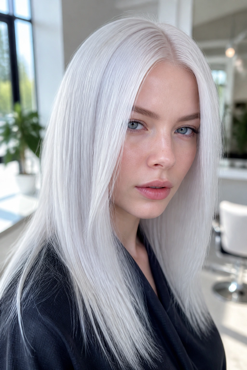 Close-up portrait of a real woman with ice-white Arctic Platinum hair in a frost-like finish.