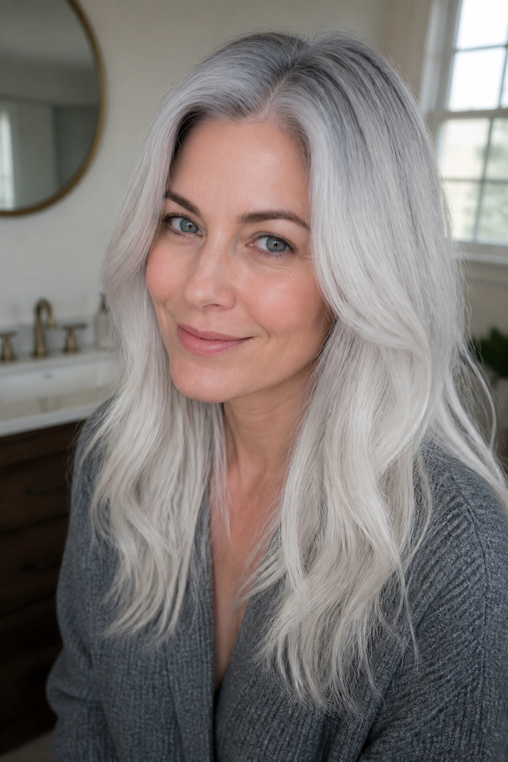 Close-up portrait of a real person with Arctic Root Melt hair showing cool scalp shadow