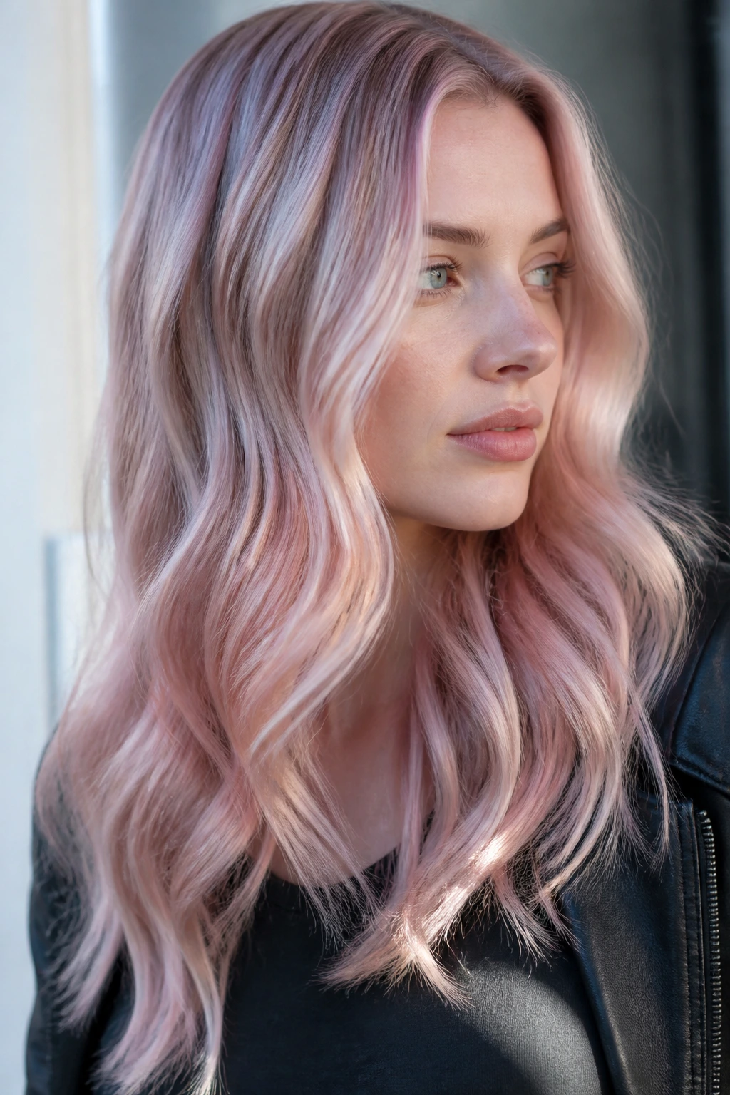 Portrait of a real person with icy Arctic rose gold waves and a cool blonde base