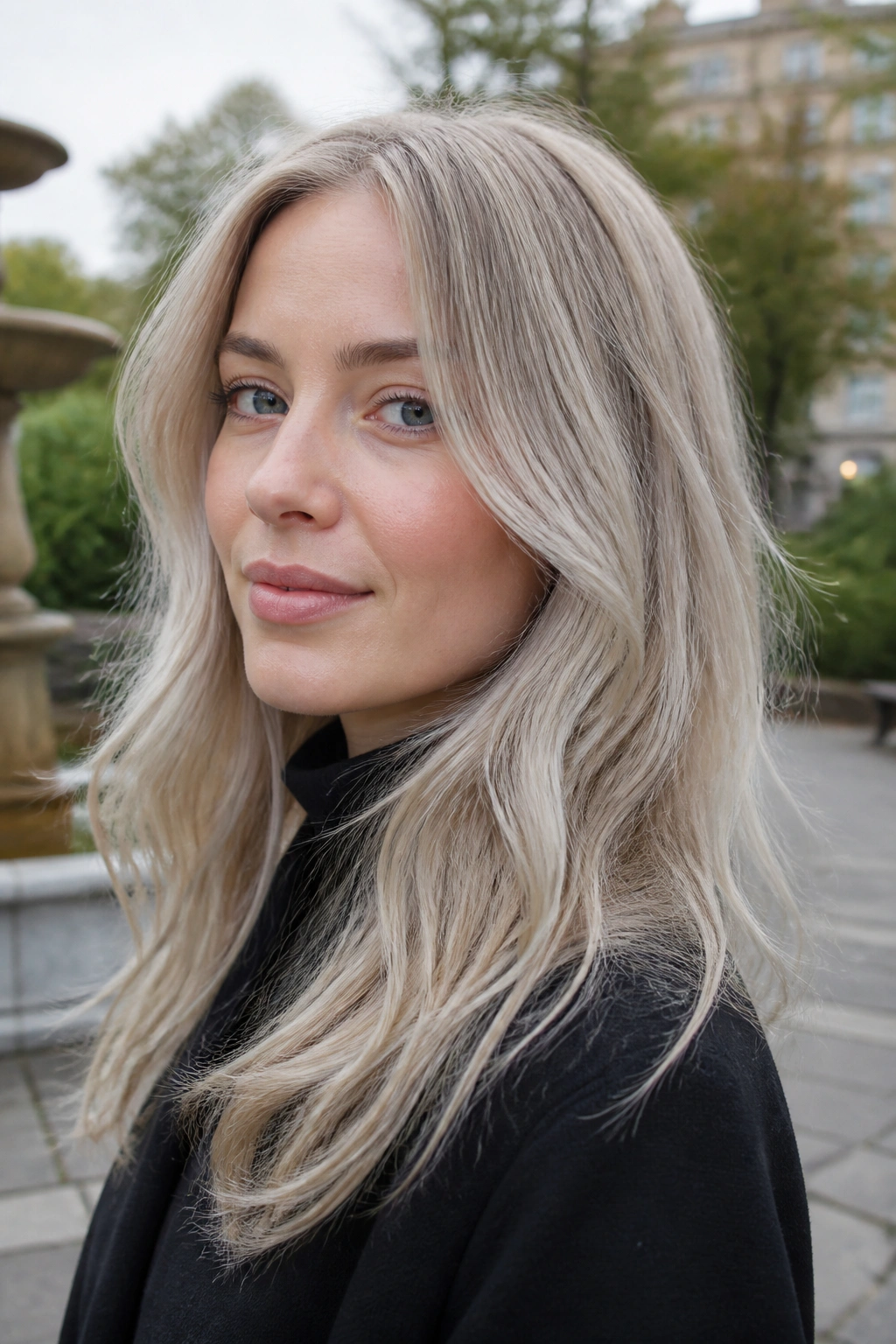 Portrait of a woman with Arctic Sand Blonde hair in soft waves.