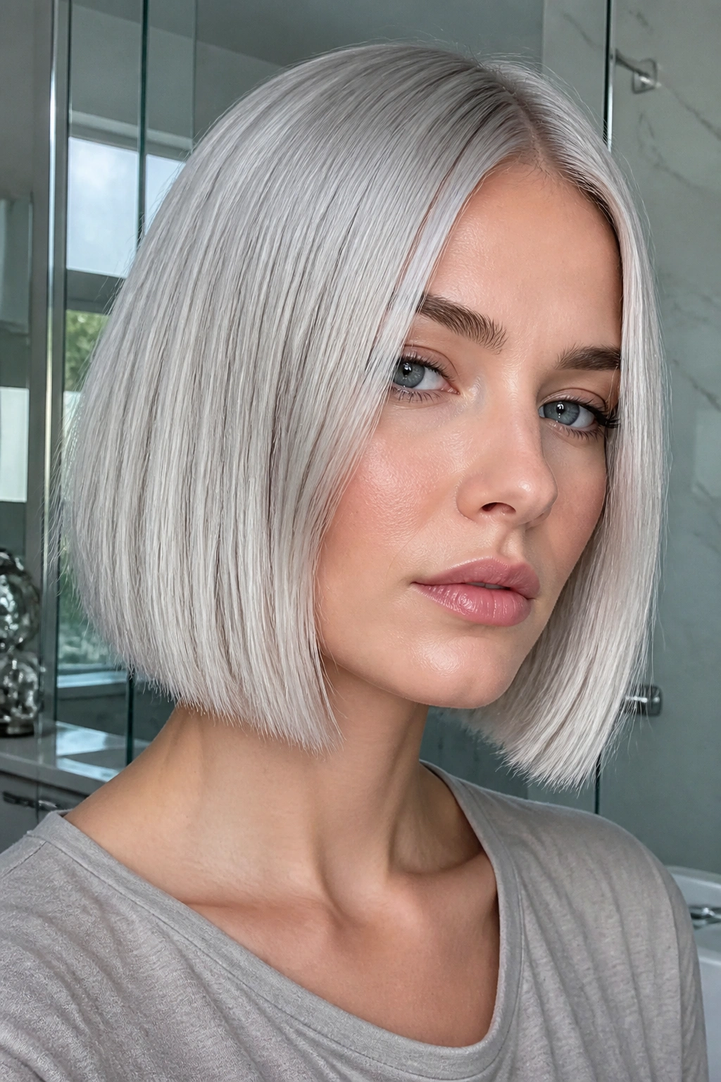 Close-up of a real woman with Arctic Silver Bob in icy silver, cool-toned sharp cut.