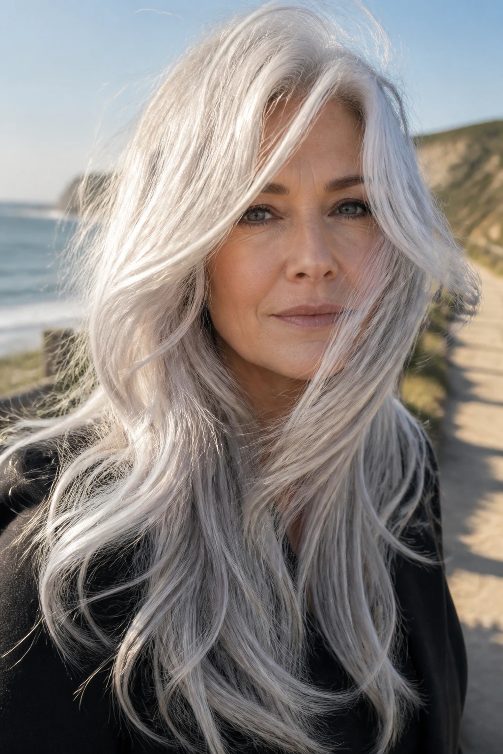 Close-up of a real person with long Arctic Silver layered hair outdoors