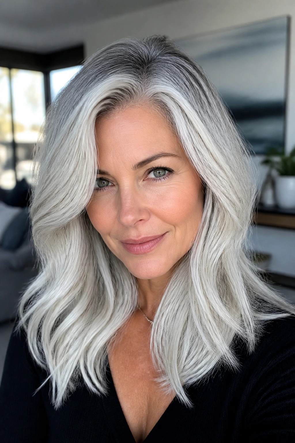 Woman with Arctic silver hair and cool ash shadow roots in a cozy living room