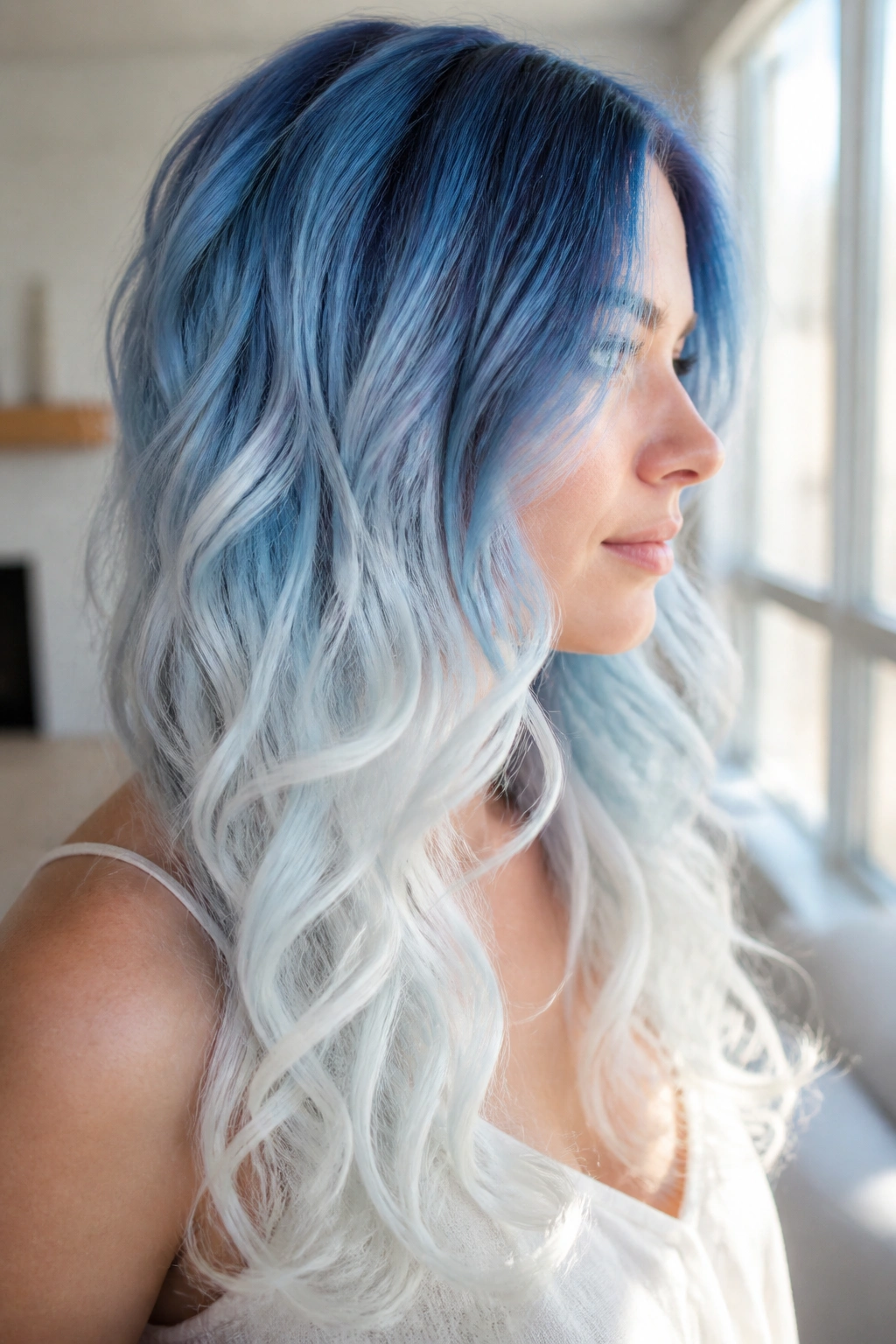 Real woman with arctic sky blue to white ombre curls.