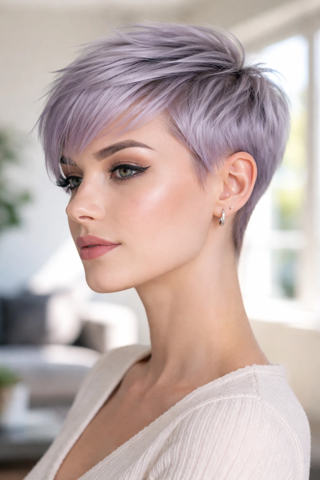 Real woman with Arctic Violet pixie crop in pale violet-silver.