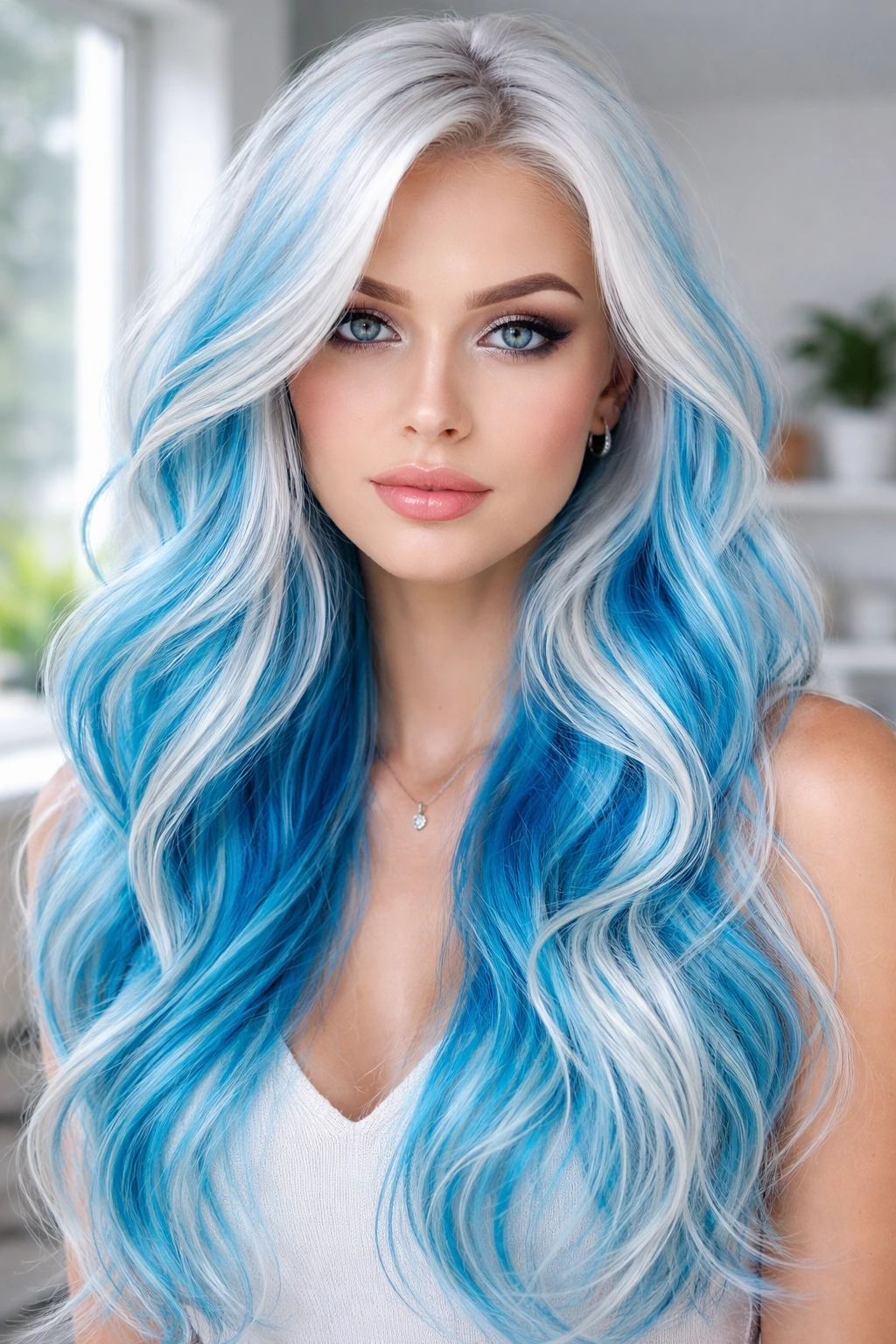 Portrait of a woman with Arctic white hair and azure highlights