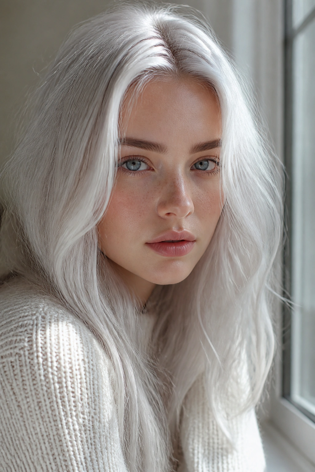 Close-up portrait of a real person with Arctic White Blonde hair in bright window light.