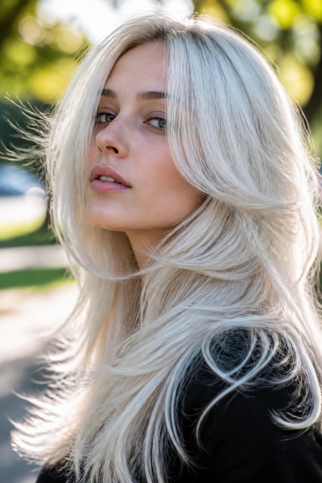 Real woman with arctic white blonde hair and feathered layers
