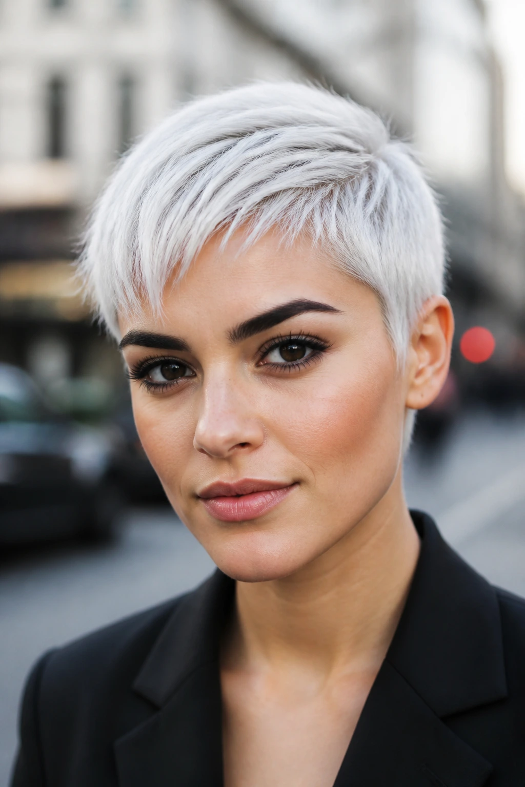 Close-up of a real person with Arctic white cropped hair and high-contrast features