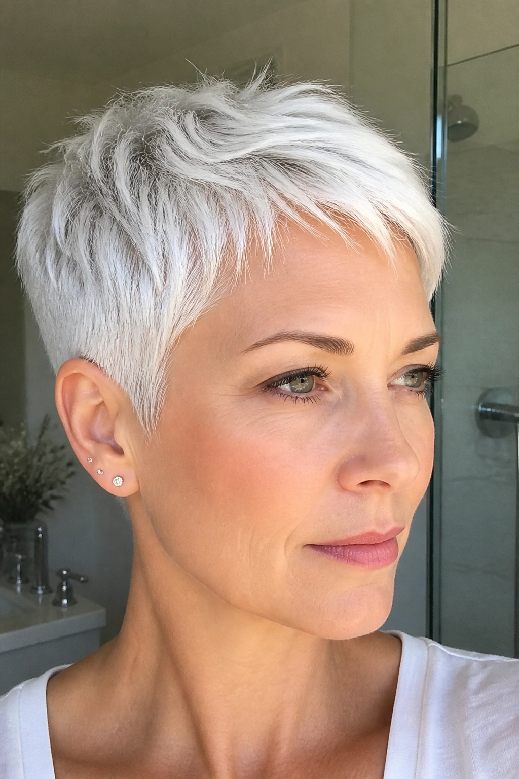 Close-up portrait of a real person with Arctic White Pixie Cut