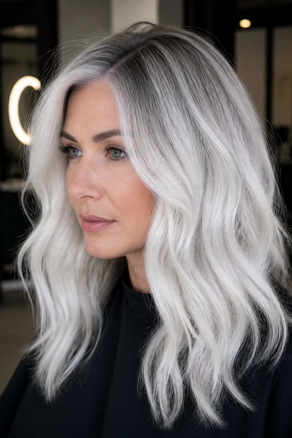 Portrait of a woman with Arctic white hair and smoky shadow root.