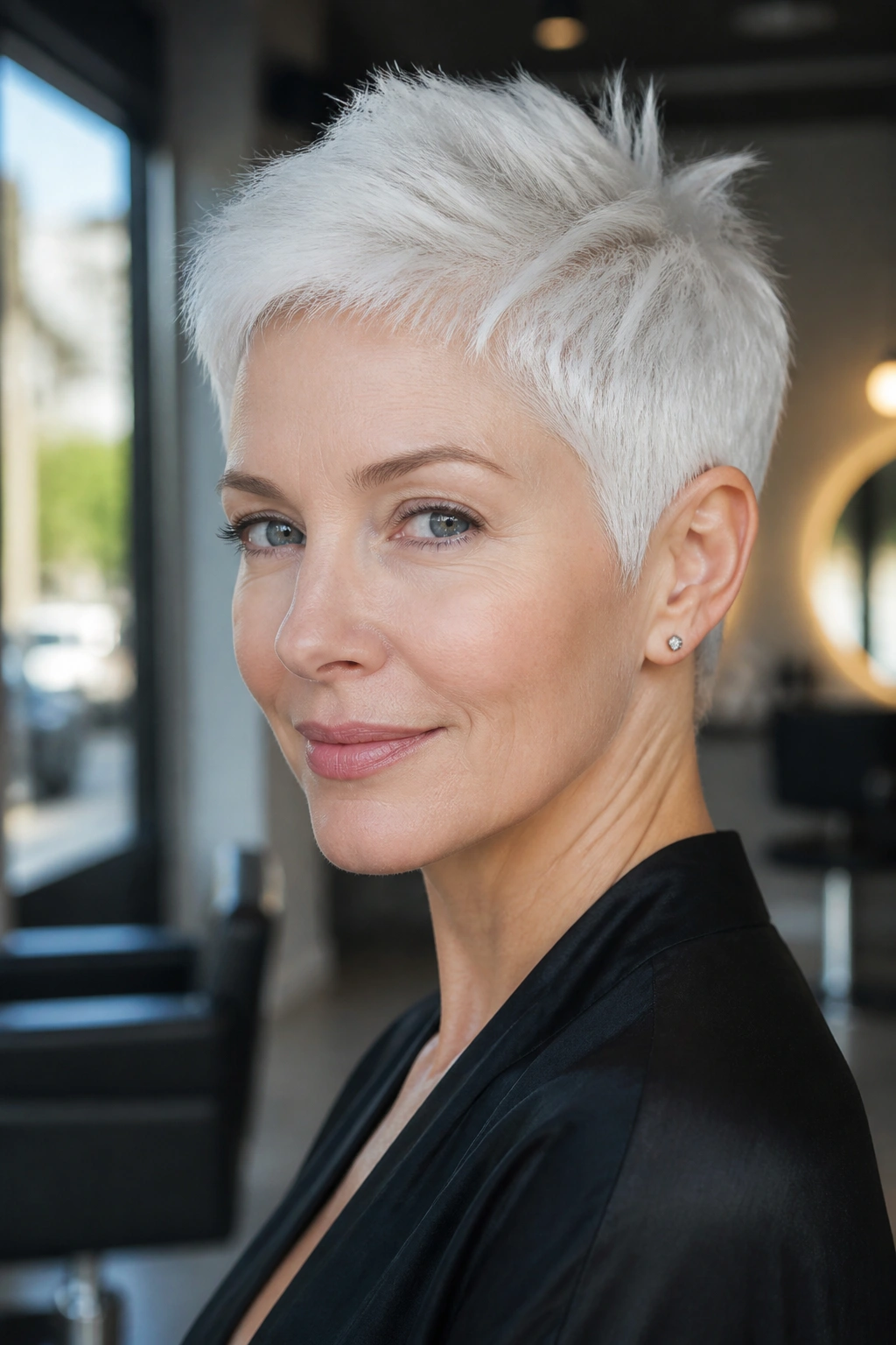 Close-up of a real woman with Arctic White short pixie cut and glossy icy hair.