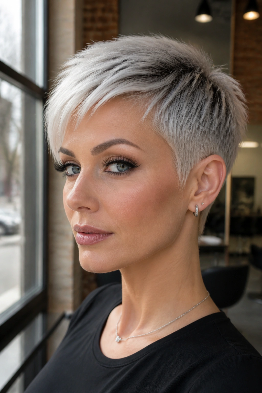Close-up portrait of a real person with Arctic White-Silver cropped hair and smoky ash underlayer.