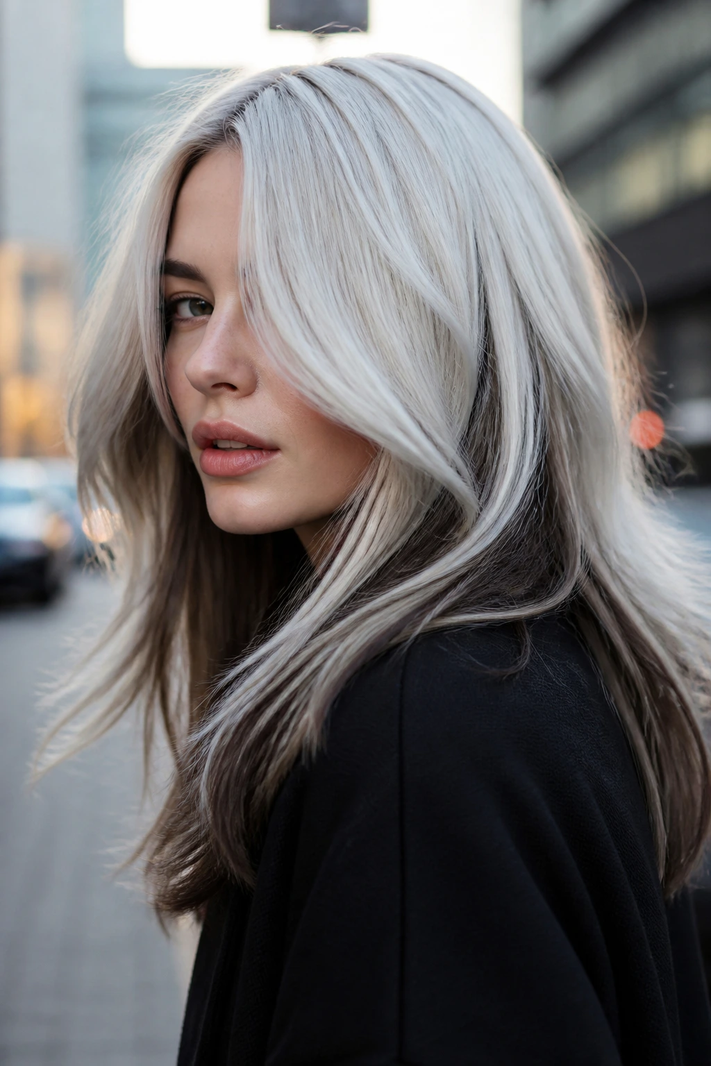 Portrait of a real person showing Arctic White hair with dark underlayers peeking through in morning light.