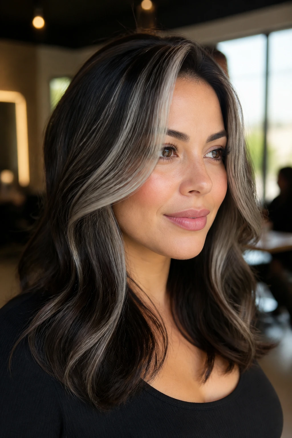 Close-up of a real woman's head showing platinum ash accents around crown and face frame