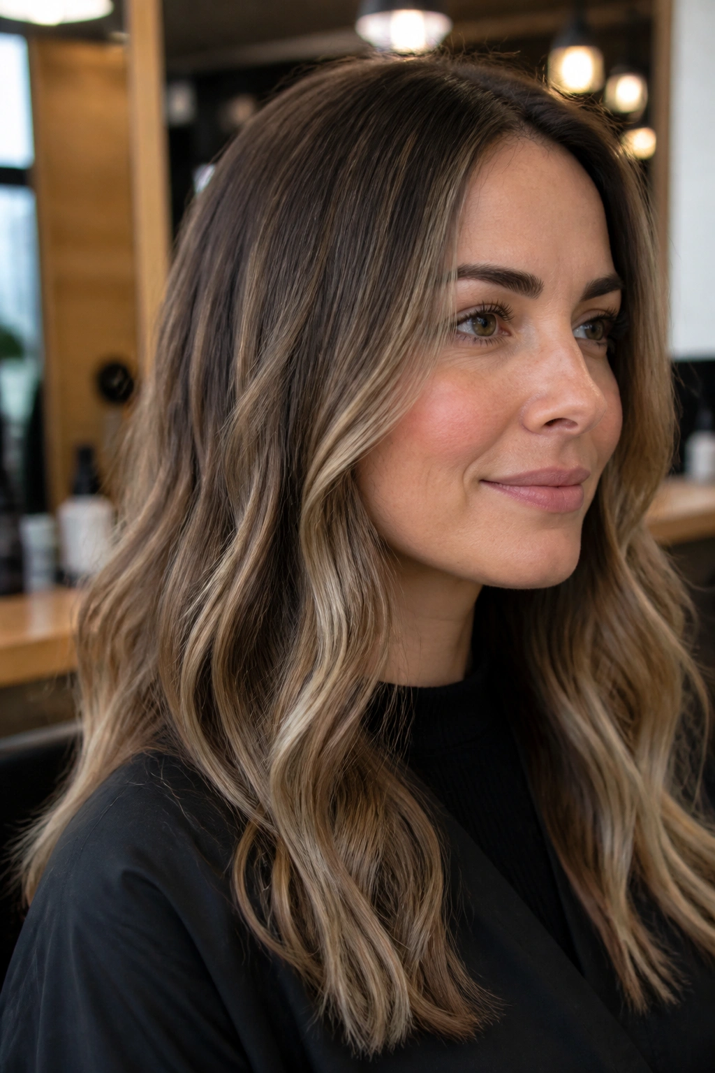 Close-up of a real woman with brunette hair and ash blonde babylights around the face
