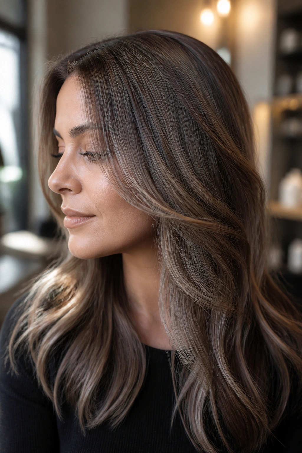 Close-up portrait of a real woman with ash babylights on medium brown hair