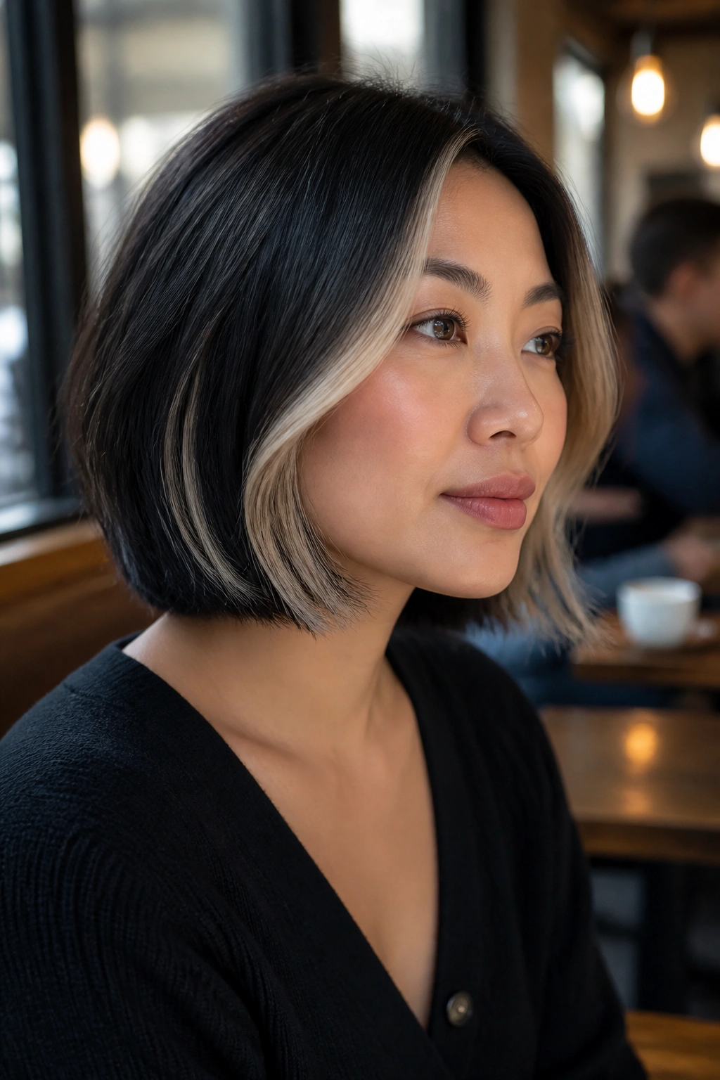 Portrait of a real woman with ash-blonde balayage on a black bob