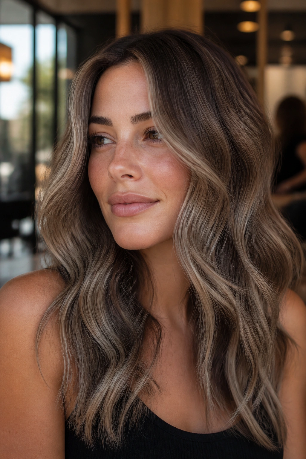 Close-up of a real woman with smoky mushroom ash balayage on soft brown hair
