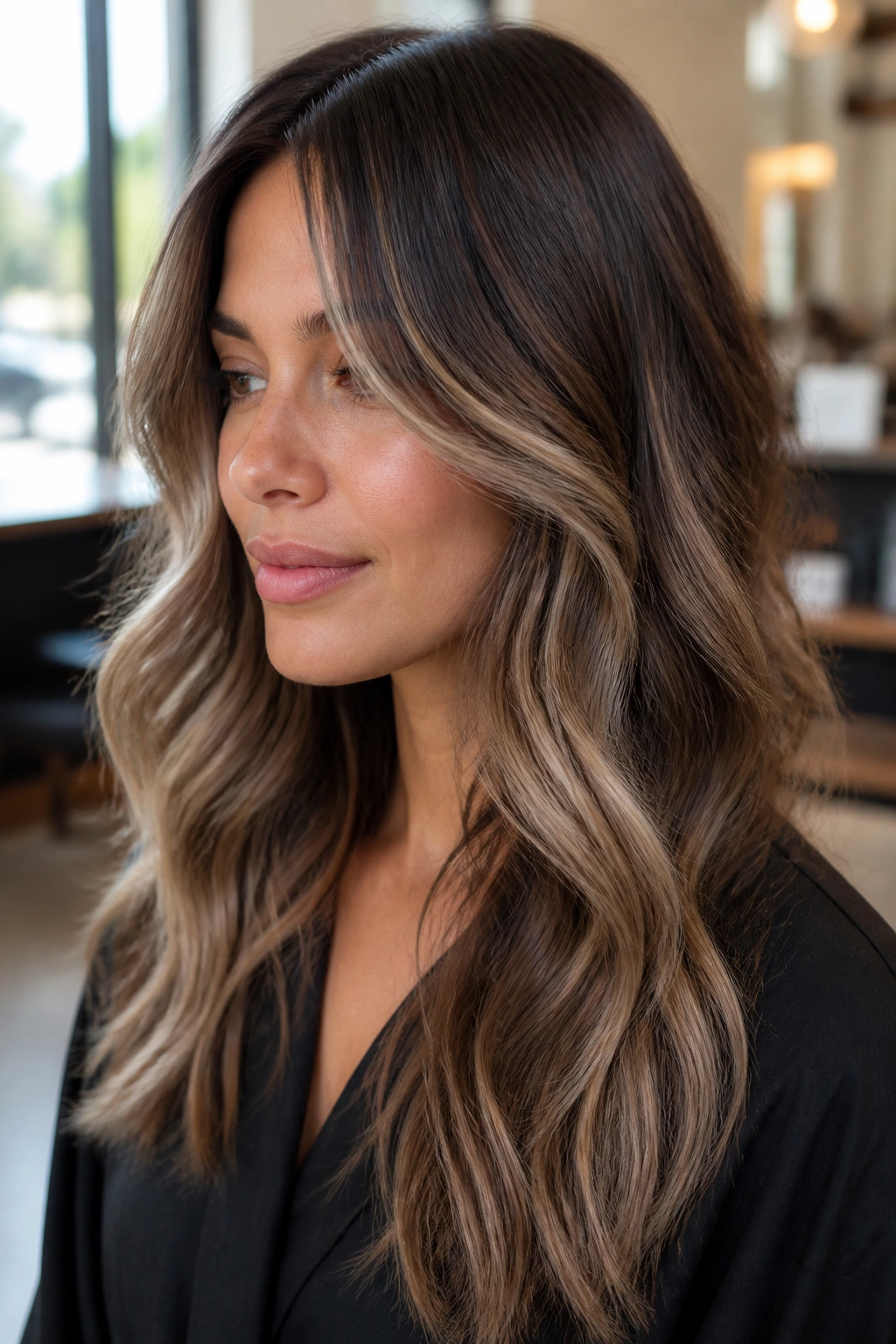 Close-up portrait of a real person with ash balayage on brown hair in a sunlit salon