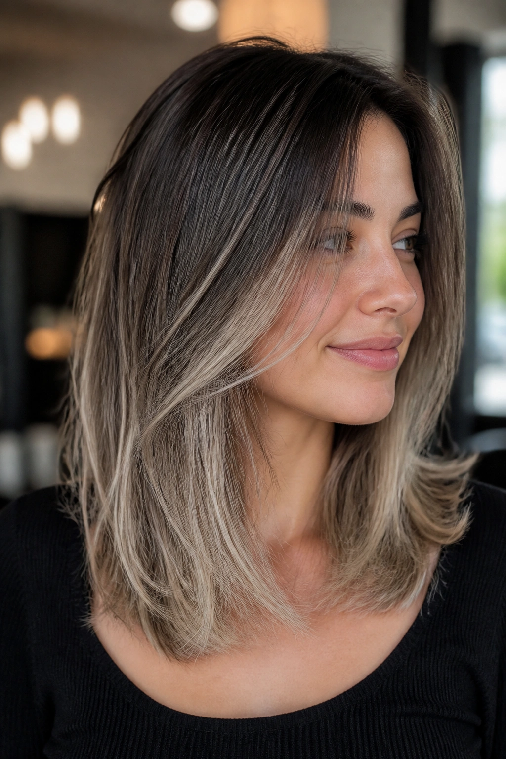 Close-up of a real woman with ash balayage through collarbone-length layers