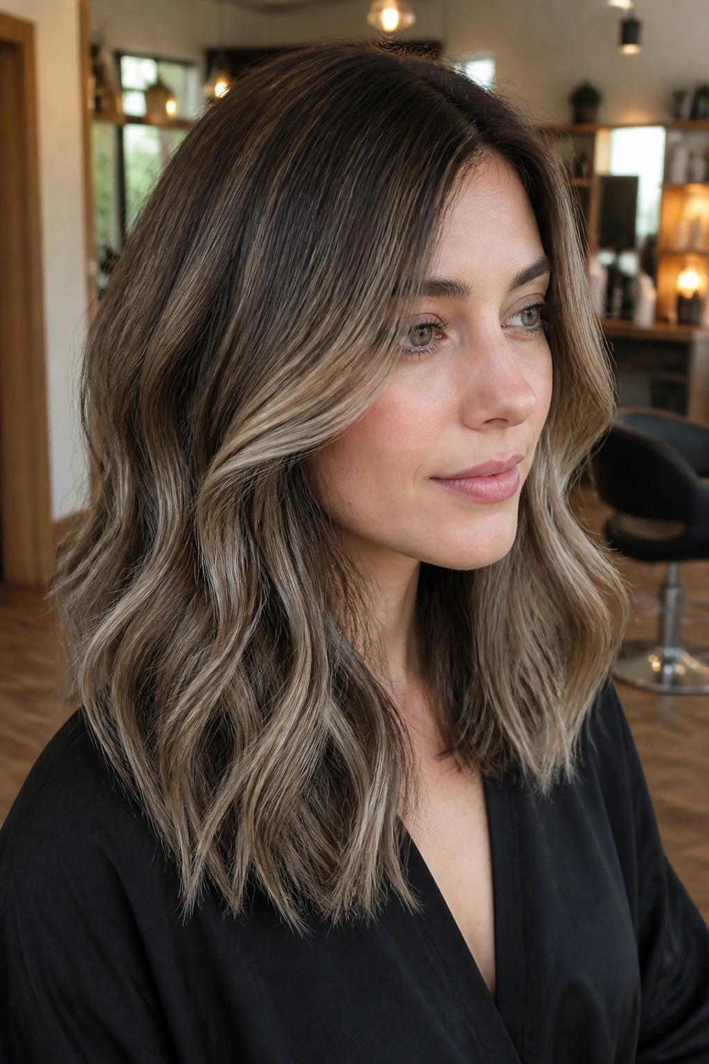 Close-up of a real woman with ash brown balayage and cool dimension in a salon.