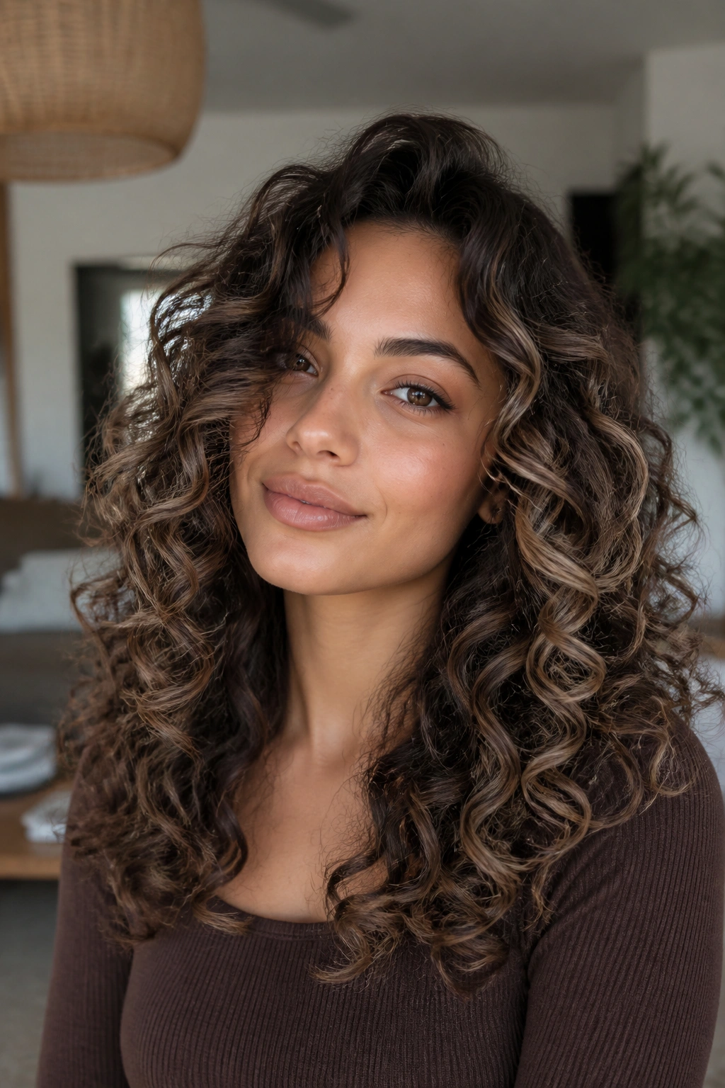 Close-up of a real woman with brown curls featuring ash balayage placed along the outer curl pattern.