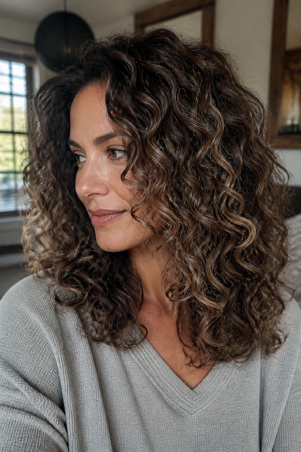 Close-up of real woman with dimensional ash balayage on curly brown hair.