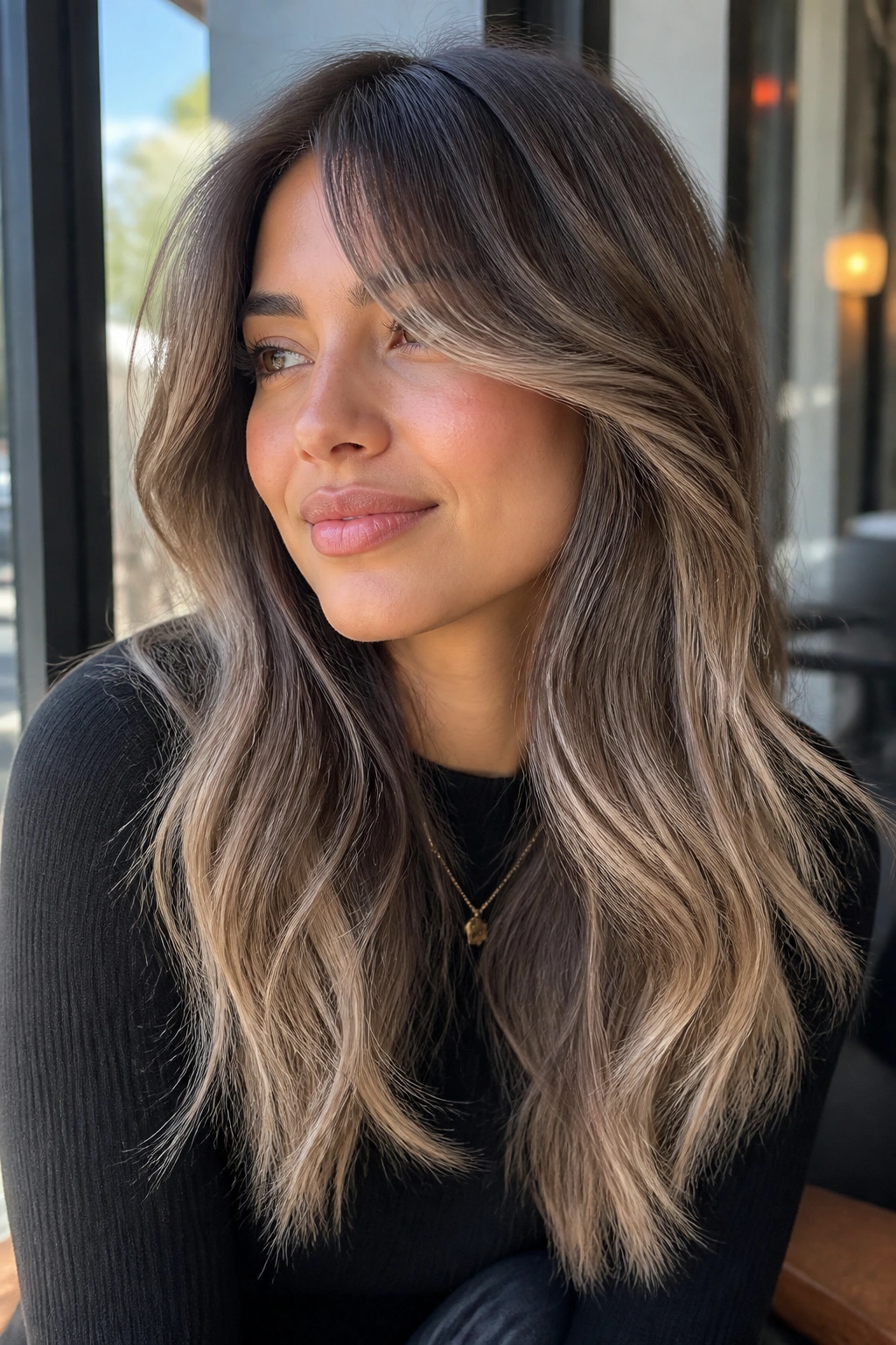Close-up portrait of a real woman with ash balayage and curtain bangs