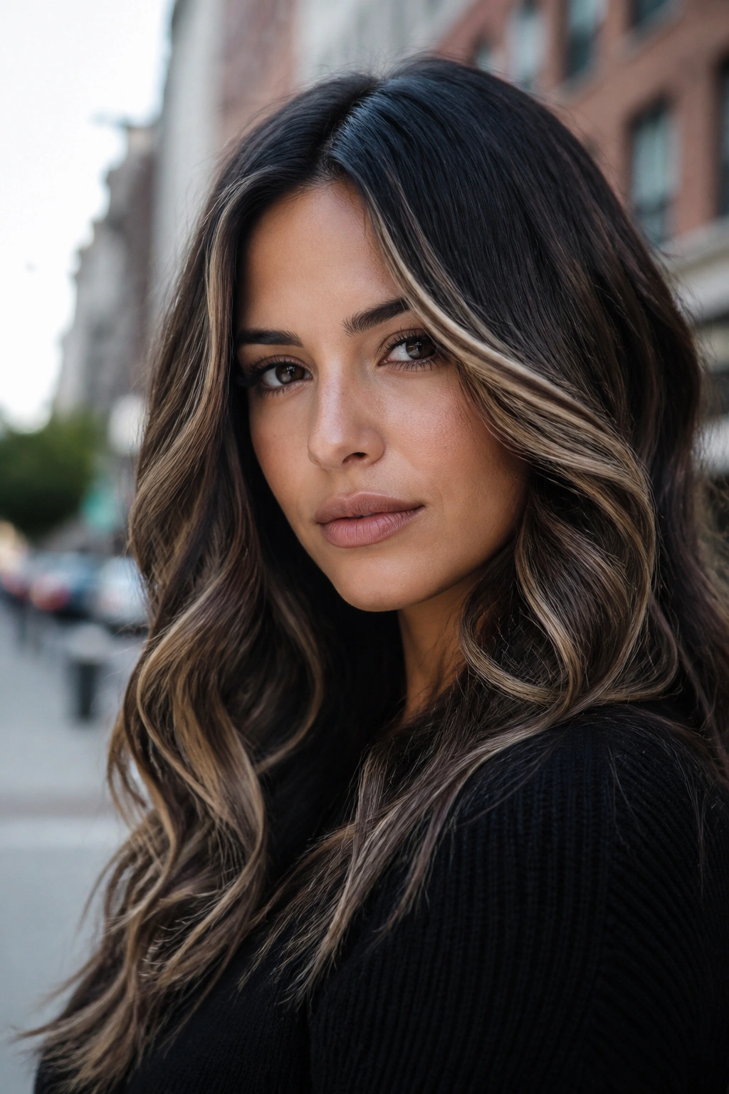 Close-up of cool-toned ash balayage on espresso brown hair