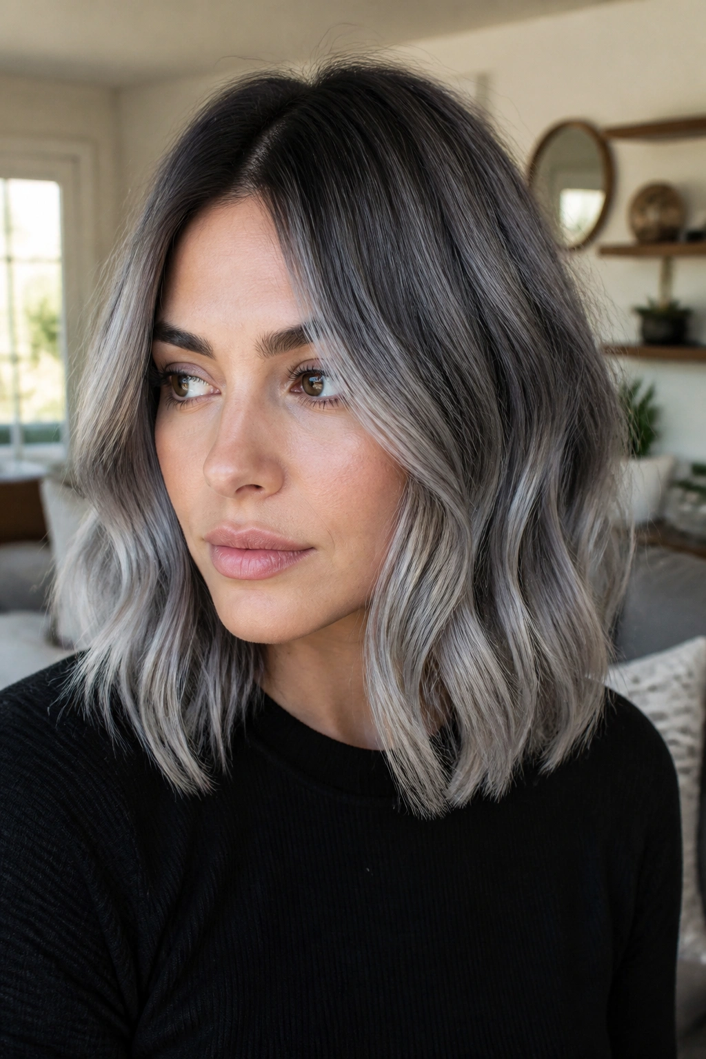 Close-up portrait of a lob with rooted ash gray balayage and subtle end ribbons