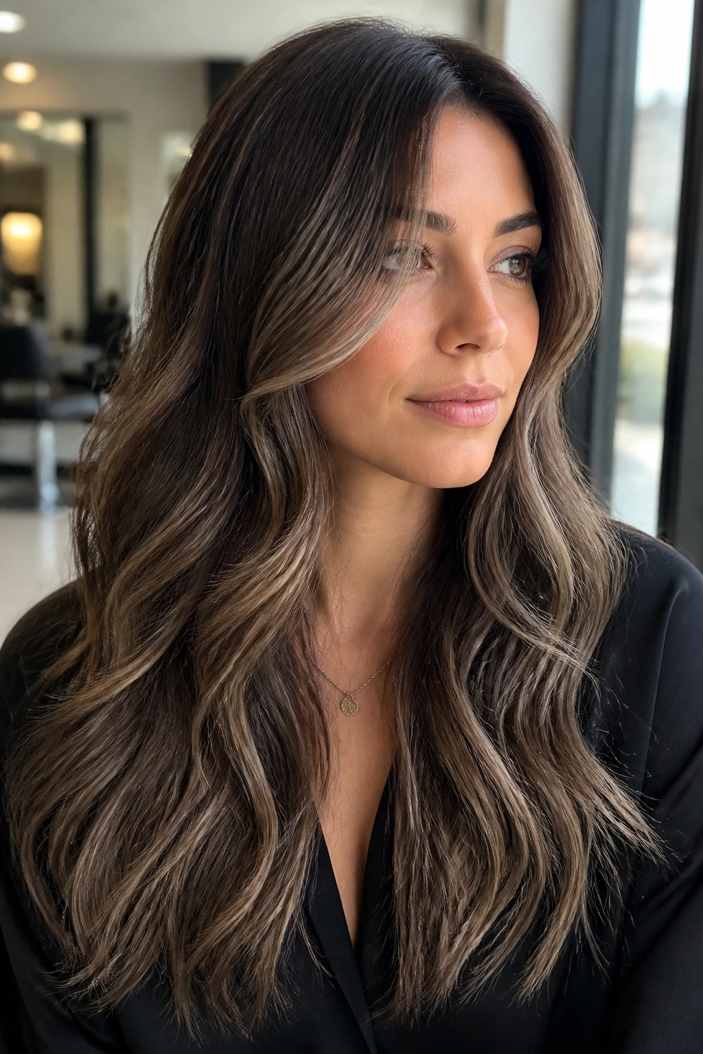 Close-up portrait of a real woman with cool mocha ash balayage on medium brown hair in natural light