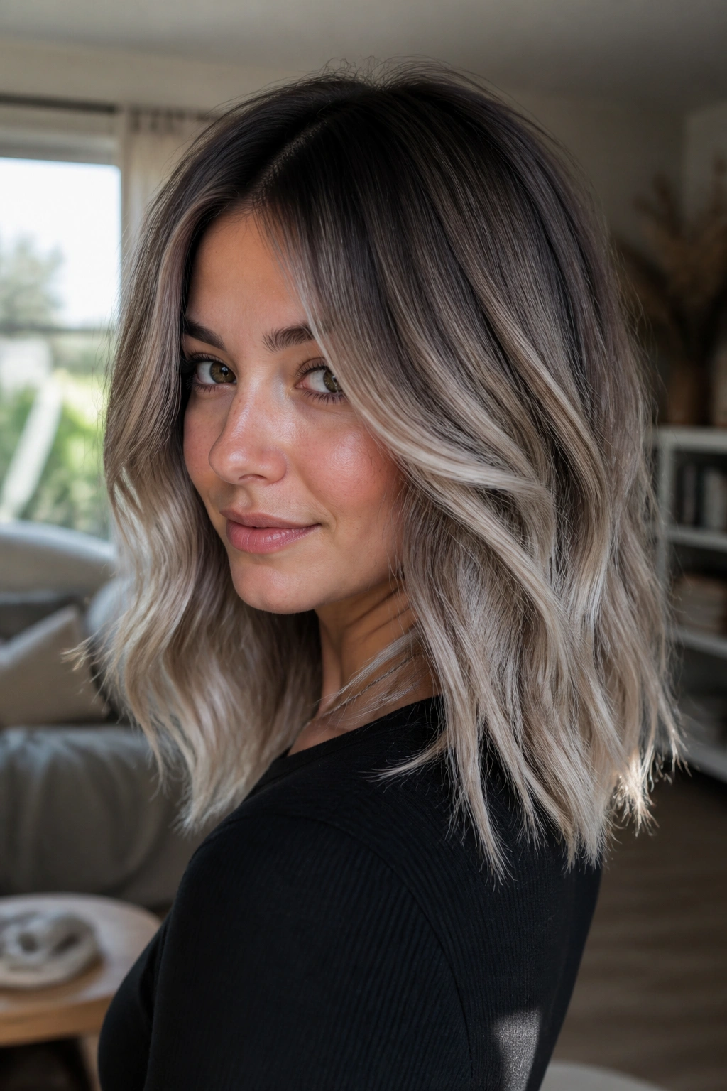 Close-up portrait of a real person with ash balayage on dark brown hair and a root shadow.