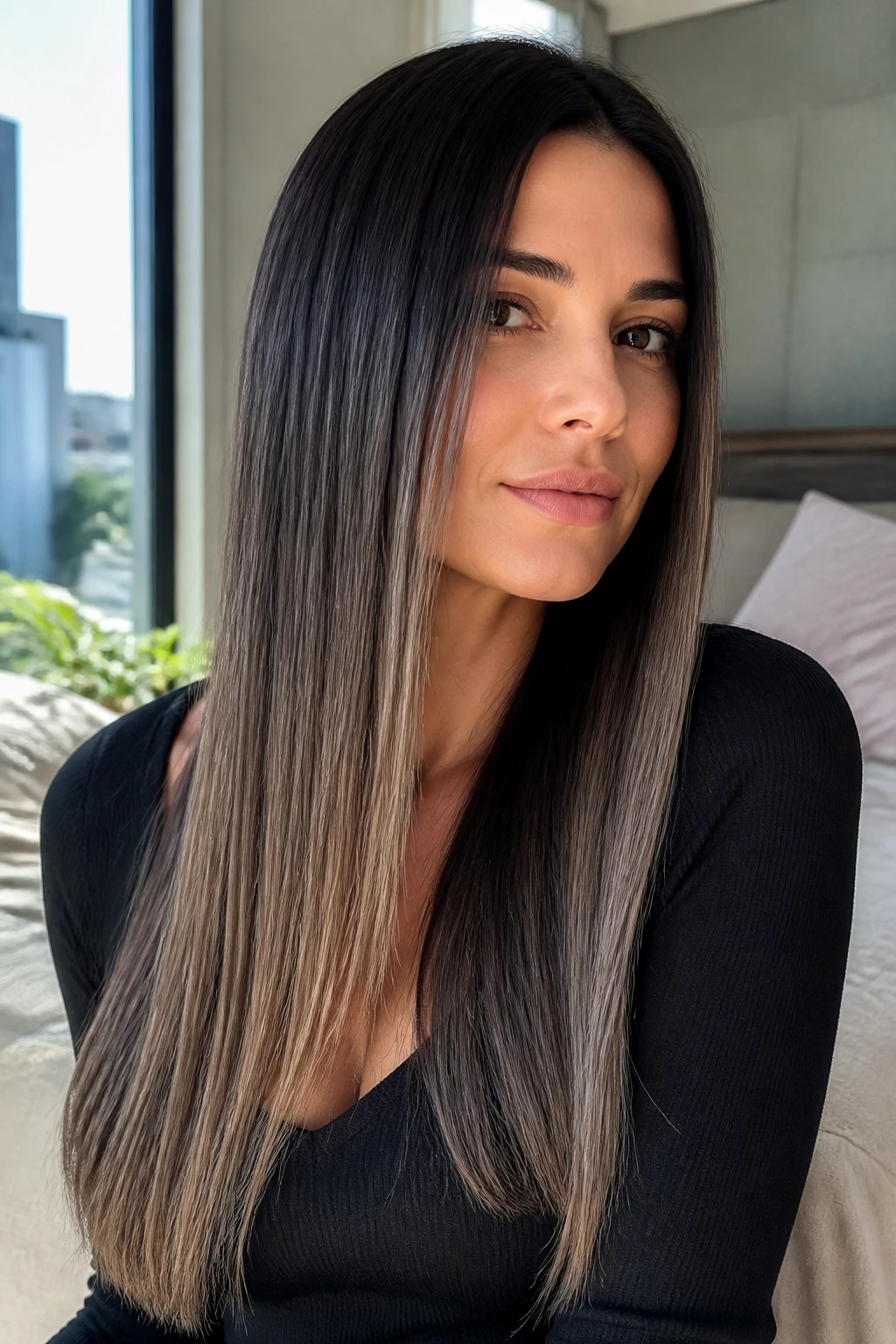 Close-up of sleek straight hair with ash-dimension balayage from mid-length to ends on a real person